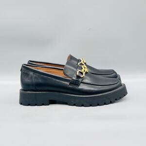 Sam & Libby Shoes Womens 9 Black Lug Sole Loafer Flats Gold Chain Chunky Slip On